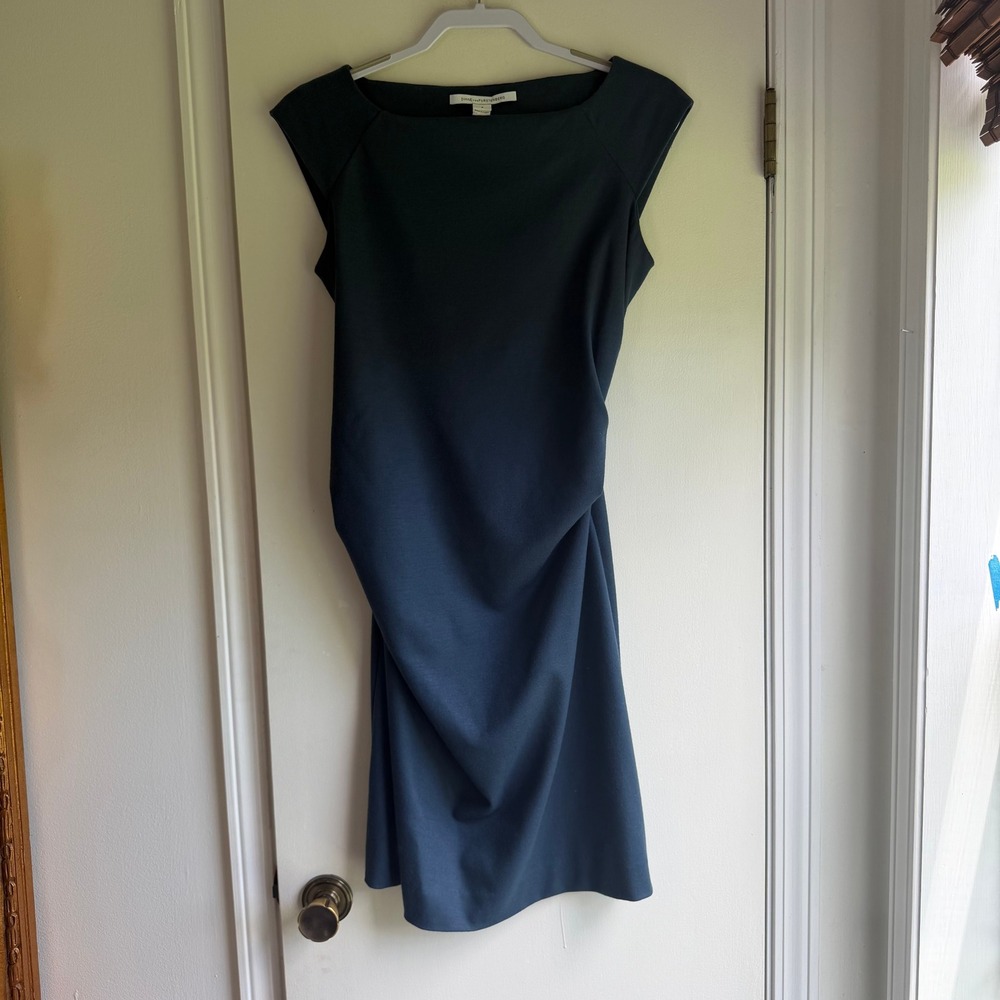 Diane von Furstenberg DVF Blue Wool Blend Draped Sheath Dress Size 8 Cap Sleeve
